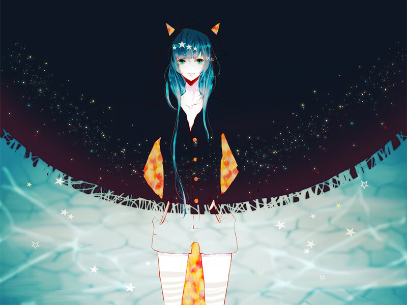 Anime Girl with Cat Ears — Blue, Dreamy, Night, Digital Art