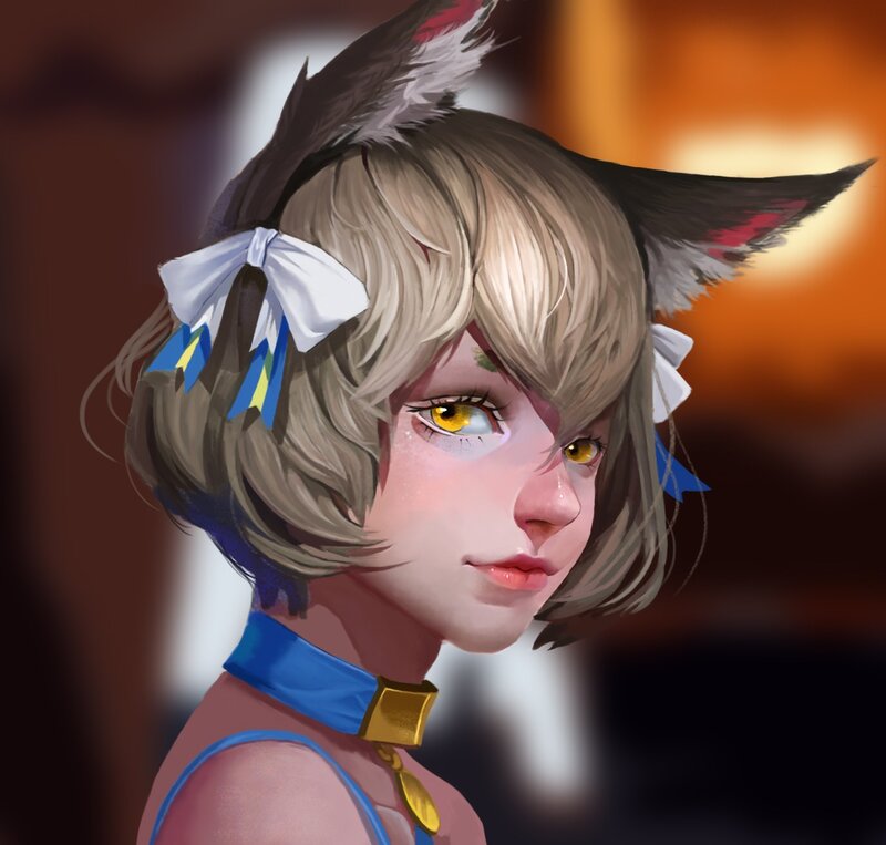 Anime Girl with Cat Ears — Blue, Melancholic, Digital Art