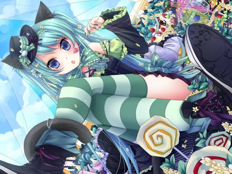 Anime Girl with Cat Ears — Blue, Playful, Afternoon, Digital Art, Cat Ears, Striped Stockings