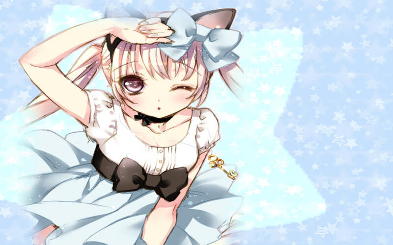 Anime Girl with Cat Ears — Blue, Playful, Cat Ears, Bow