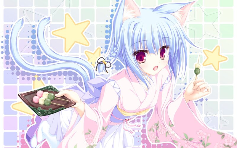 Anime Girl with Cat Ears — Blue, Playful, Cat Ears, Kimono