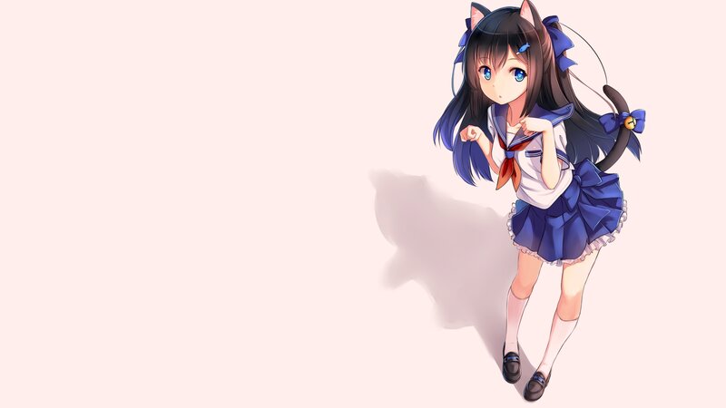 Anime Girl with Cat Ears — Blue, Playful, Cat Ears, Tail, School Uniform