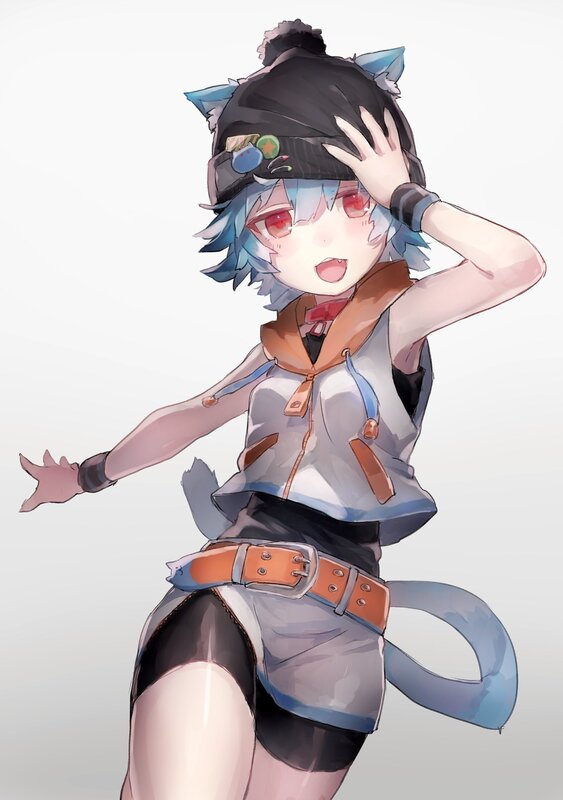 Anime Girl with Cat Ears — Blue, Playful, Digital Art, Cat Ears, Tail, Hat