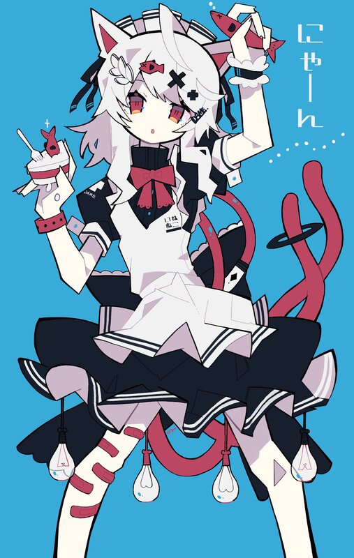 Anime Girl with Cat Ears — Blue, Playful, Digital Art, Cat Ears, Tails