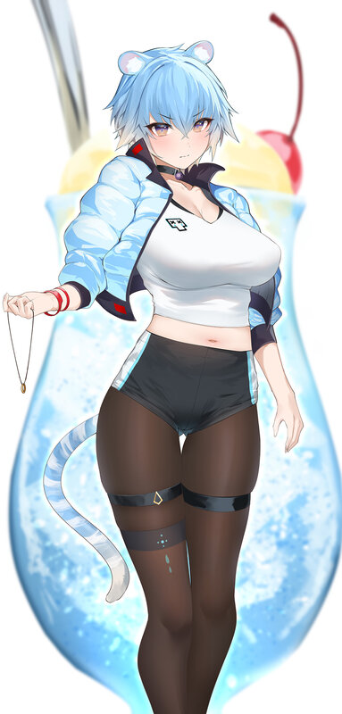 Anime Girl with Cat Ears — Blue, Playful, Digital Art, Cat Tail