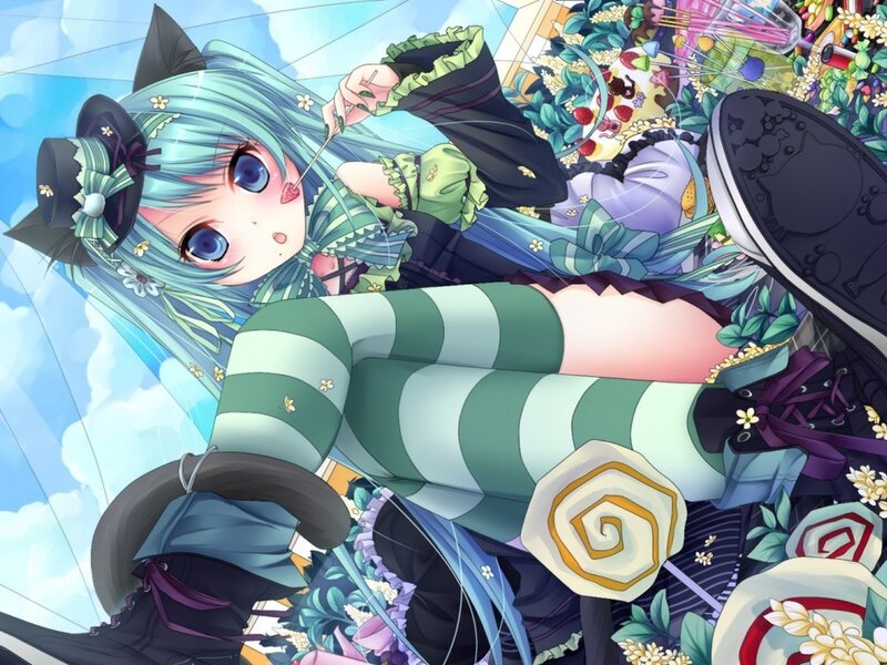 Anime Girl with Cat Ears — Blue, Playful, Digital Art