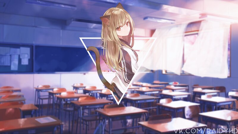 Anime Girl with Cat Ears — Blue, Serene, Afternoon, Digital Art, Classroom