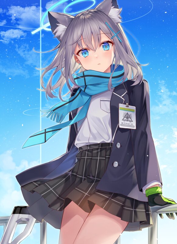 Anime Girl with Cat Ears — Blue, Serene, Afternoon, Digital Art, Scarf