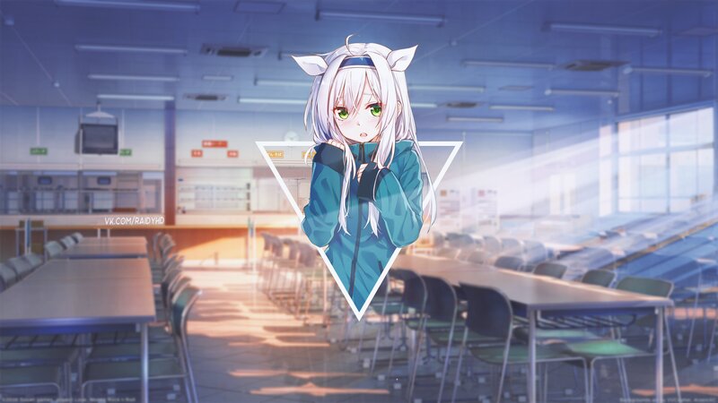 Anime Girl with Cat Ears — Blue, Serene, Afternoon, Digital Art, School Cafeteria