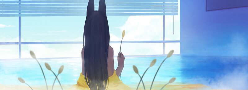 Anime Girl with Cat Ears — Blue, Serene, Afternoon, Digital Art, Window
