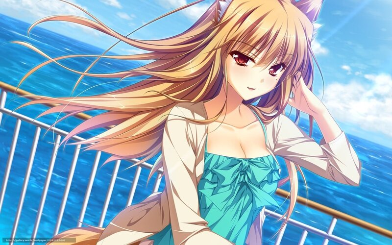 Anime Girl with Cat Ears — Blue, Serene, Afternoon, Ocean, Ship Railing