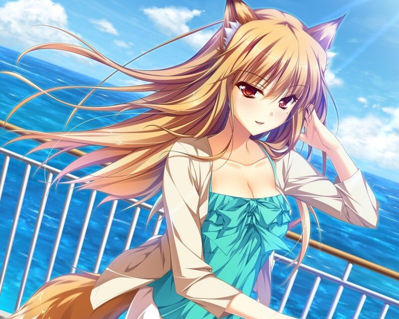 Anime Girl with Cat Ears — Blue, Serene, Afternoon, Ocean, Sky