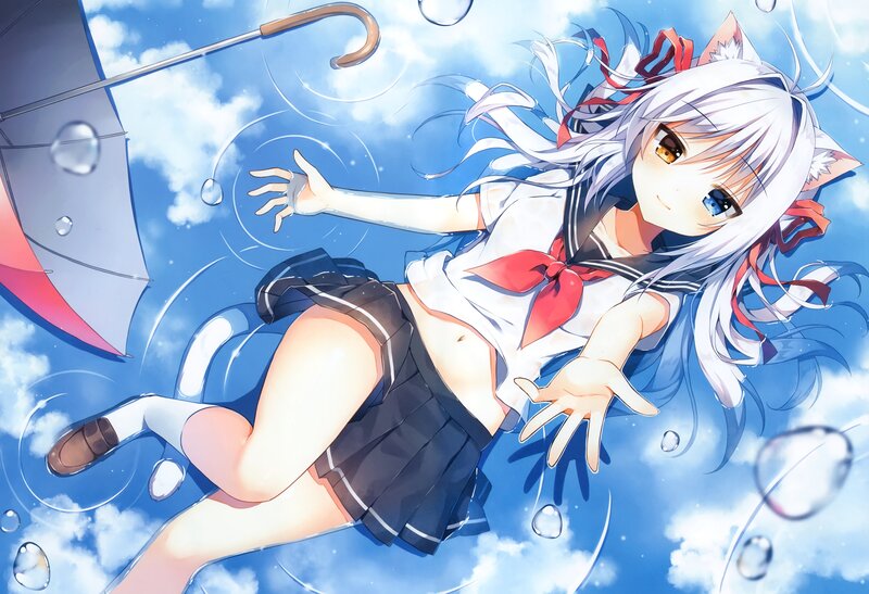 Anime Girl with Cat Ears — Blue, Serene, Afternoon, Umbrella