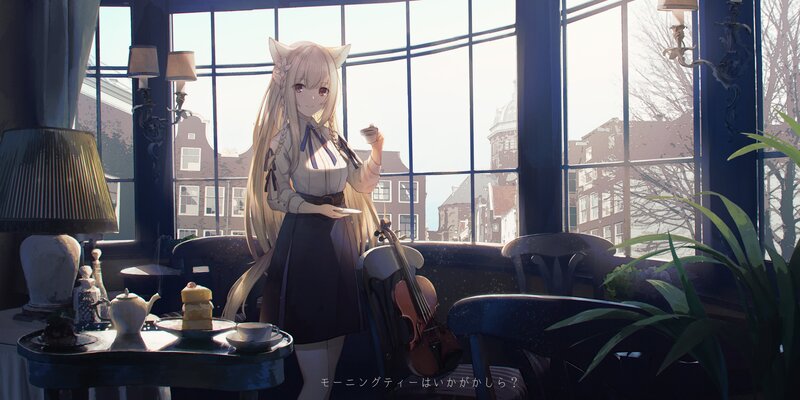 Anime Girl with Cat Ears — Blue, Serene, Morning, Digital Art