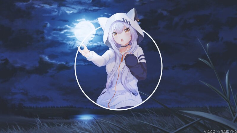Anime Girl with Cat Ears — Blue, Serene, Night, Digital Art, Moon