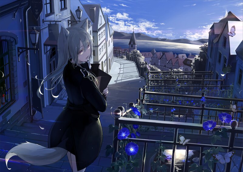 Anime Girl with Cat Ears — Blue, Serene, Sunset, Digital Art, Cat Ears, Tail