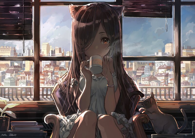 Anime Girl with Cat Ears — Brown, Calm, Afternoon, Digital Art