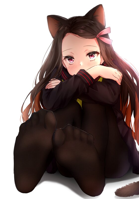 Anime Girl with Cat Ears — Brown, Calm, Cat Ears, Pink Bow