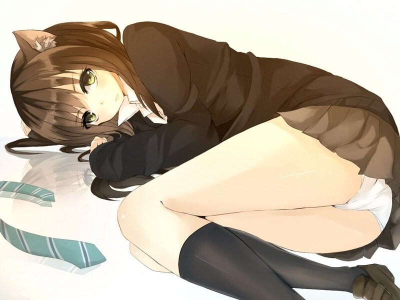 Anime Girl with Cat Ears — Brown, Calm, Cat Ears, School Uniform