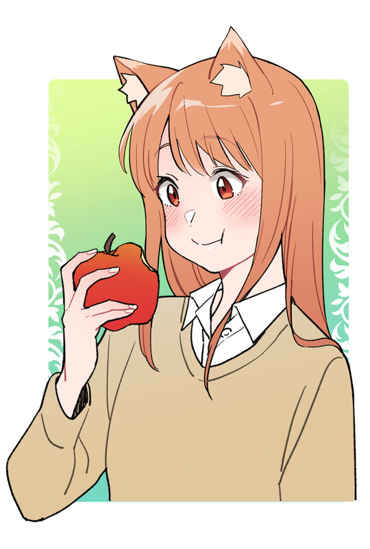 Anime Girl with Cat Ears — Brown, Cheerful, Manga, Apple