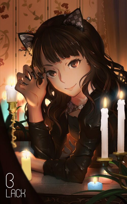 Anime Girl with Cat Ears — Brown, Dramatic, Night, Digital Art, Candles