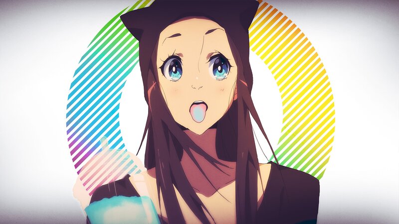 Anime Girl with Cat Ears — Brown, Playful, Cat Ears, Striped Circle
