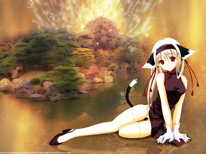 Anime girl with cat ears by a pond