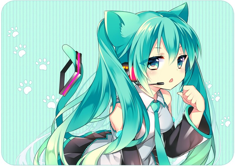 Anime Girl with Cat Ears — Cyan, Playful, Digital Art