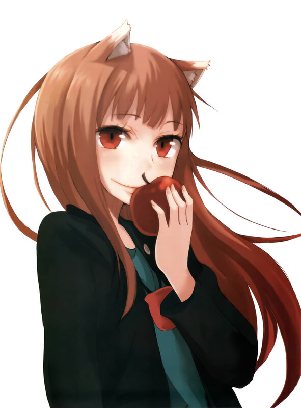 anime girl with cat ears eating apple