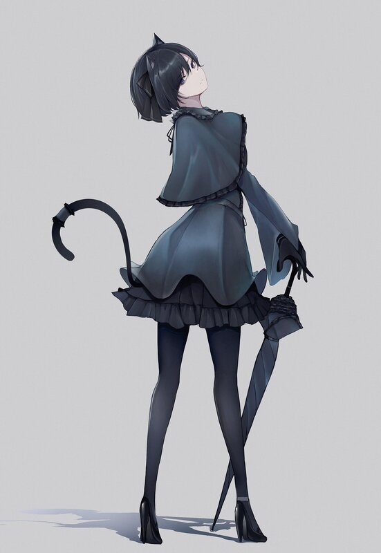 Anime Girl with Cat Ears — Gray, Calm, Digital Art, Cat Tail