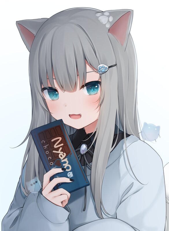 Anime Girl with Cat Ears — Gray, Calm, Digital Art, Chocolate Bar