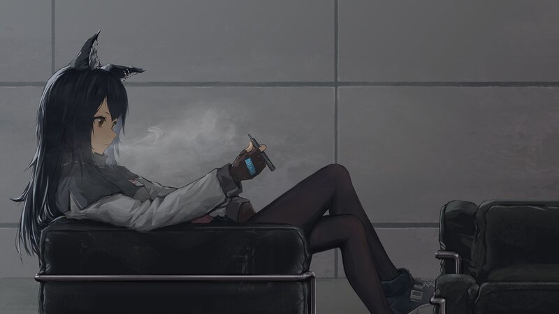 Anime Girl with Cat Ears — Gray, Calm, Digital Art, Cigarette