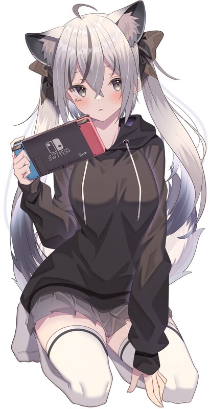 Anime Girl with Cat Ears — Gray, Calm, Digital Art, Nintendo Switch