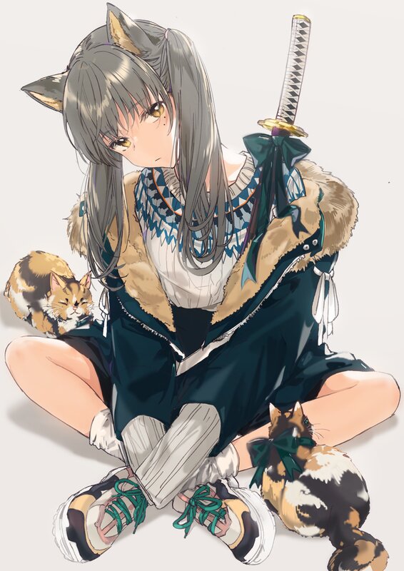 Anime Girl with Cat Ears — Gray, Calm, Digital Art, Sword