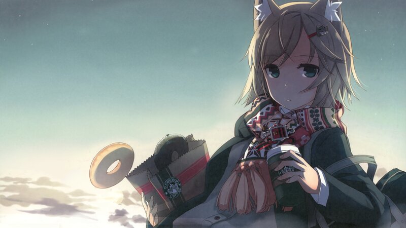 Anime Girl with Cat Ears — Gray, Calm, Sunset