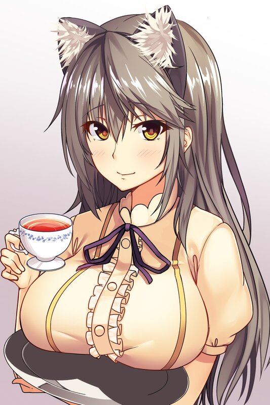 Anime Girl with Cat Ears — Gray, Calm, Tea Cup