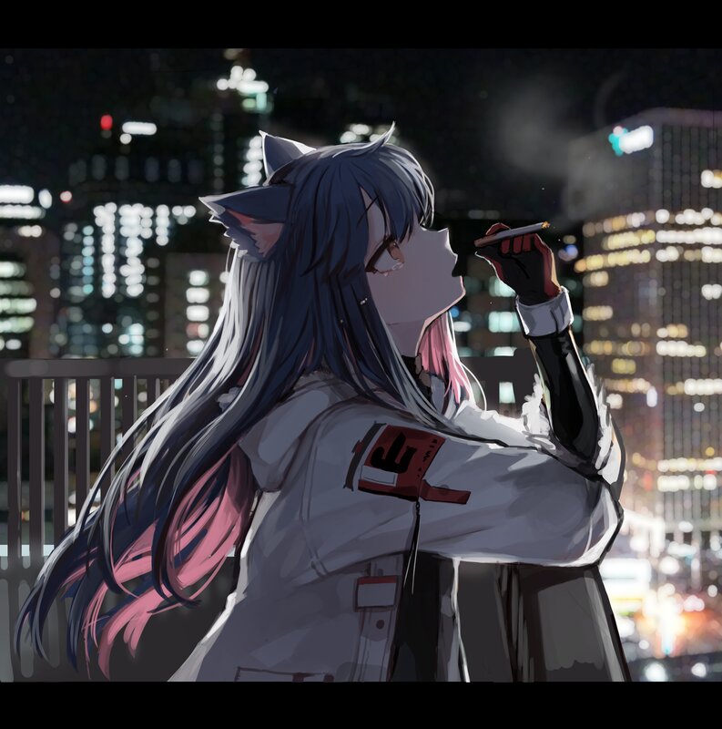Anime Girl with Cat Ears — Gray, Contemplative