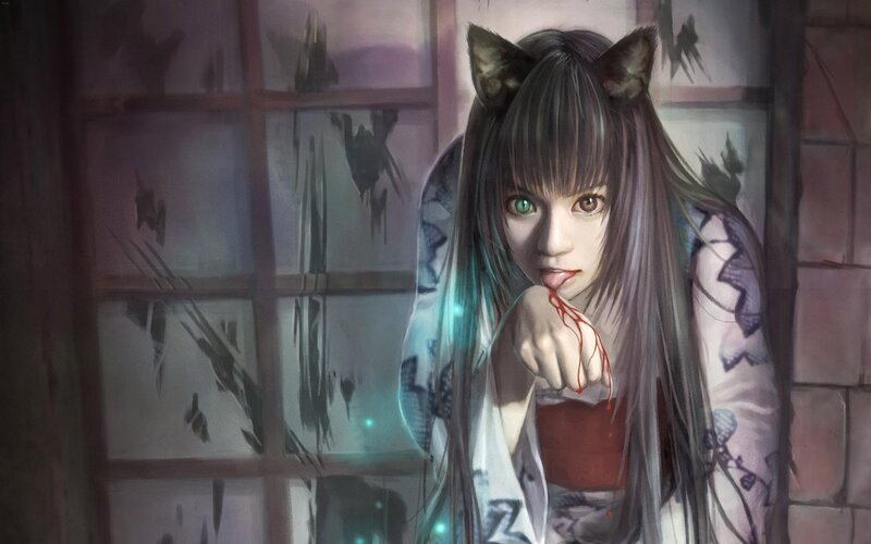 Anime Girl with Cat Ears — Gray, Dark, Night, Digital Art