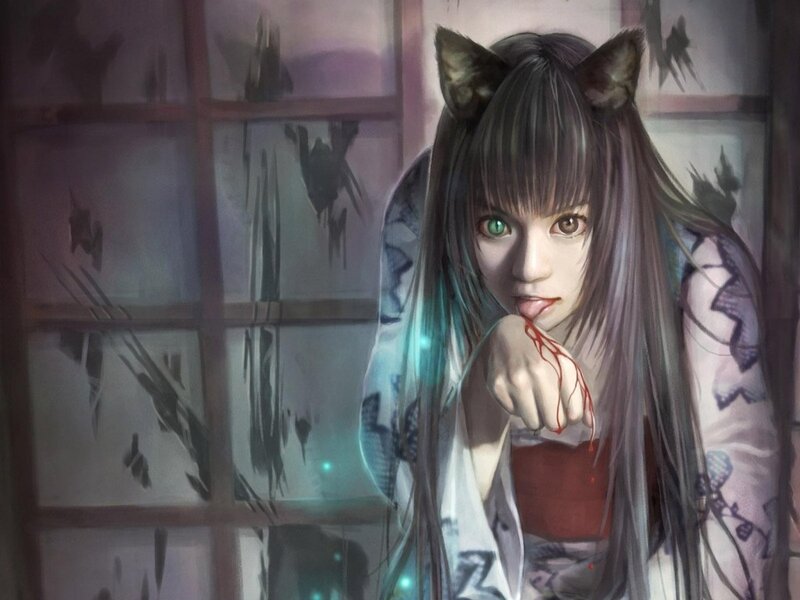 Anime Girl with Cat Ears — Gray, Dark