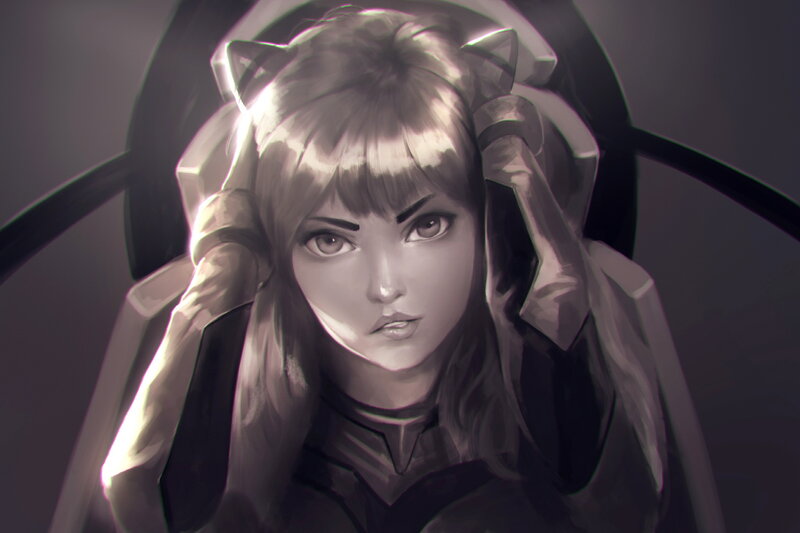 Anime Girl with Cat Ears — Gray, Dramatic, Digital Art, Cat Ears, Headset