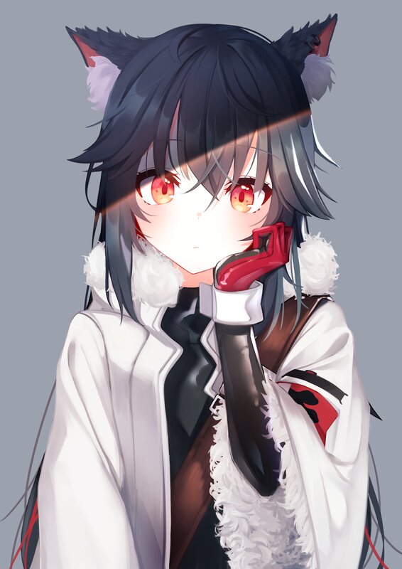 Anime Girl with Cat Ears — Gray, Dramatic, Digital Art, Cat Ears, Red Eyes