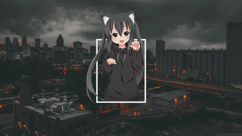 Anime Girl with Cat Ears — Gray, Dramatic, Night, Cityscape