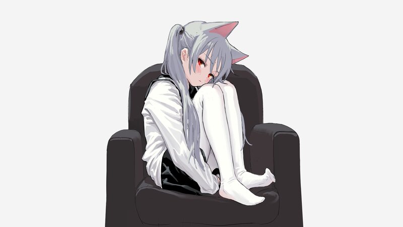 Anime Girl with Cat Ears — Gray, Melancholic, Digital Art