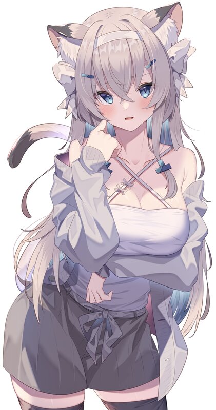 Anime Girl with Cat Ears — Gray, Neutral, Digital Art, Cat Ears, Tail, Blonde Hair