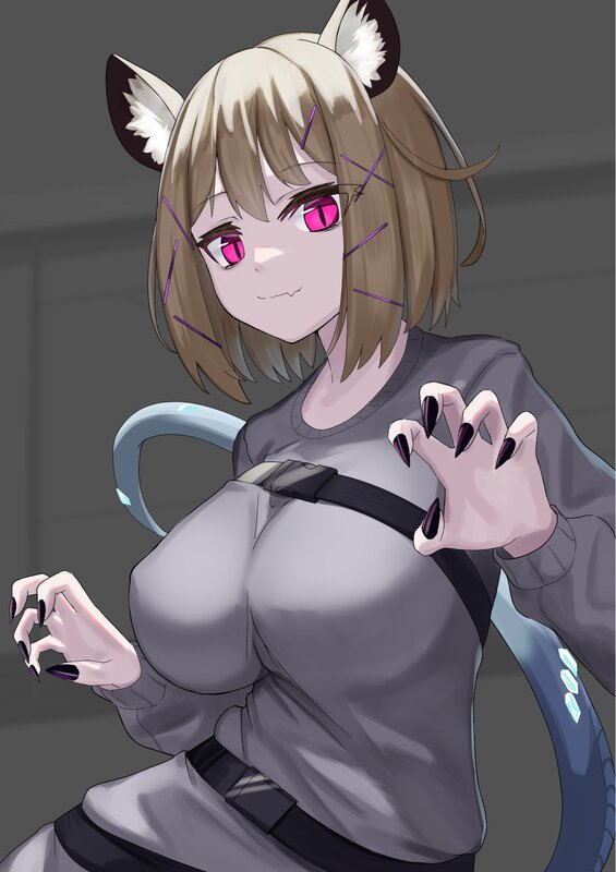 Anime Girl with Cat Ears — Gray, Neutral, Digital Art, Cat Ears, Tail, Claws