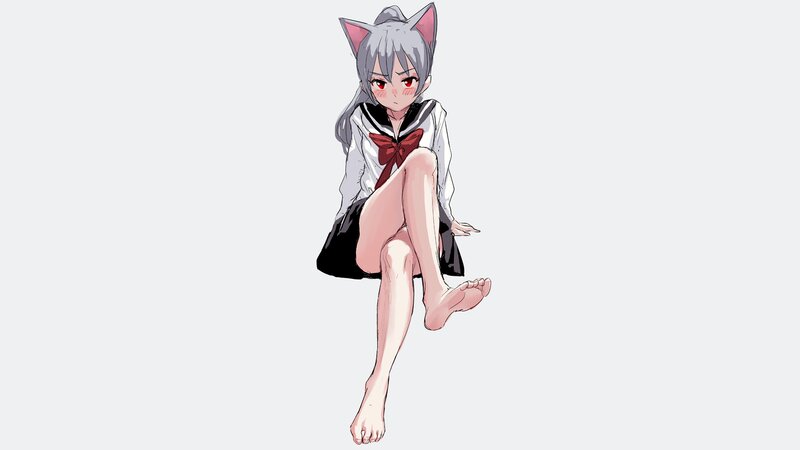 Anime Girl with Cat Ears — Gray, Neutral, Digital Art, Cat Ears
