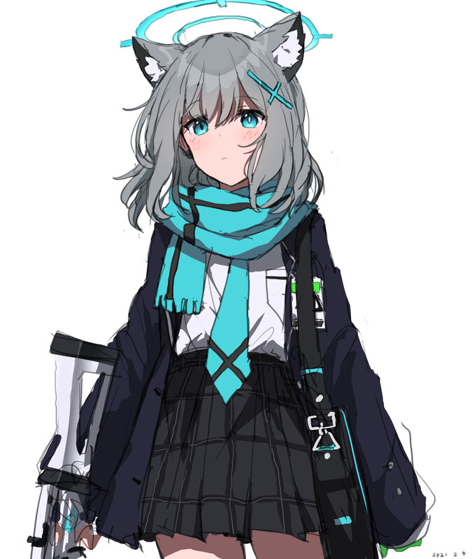Anime Girl with Cat Ears — Gray, Neutral, Digital Art, Scarf