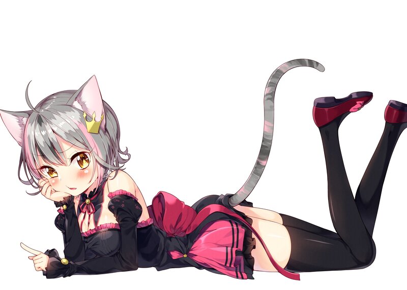 Anime Girl with Cat Ears — Gray, Playful, Digital Art, Cat Tail
