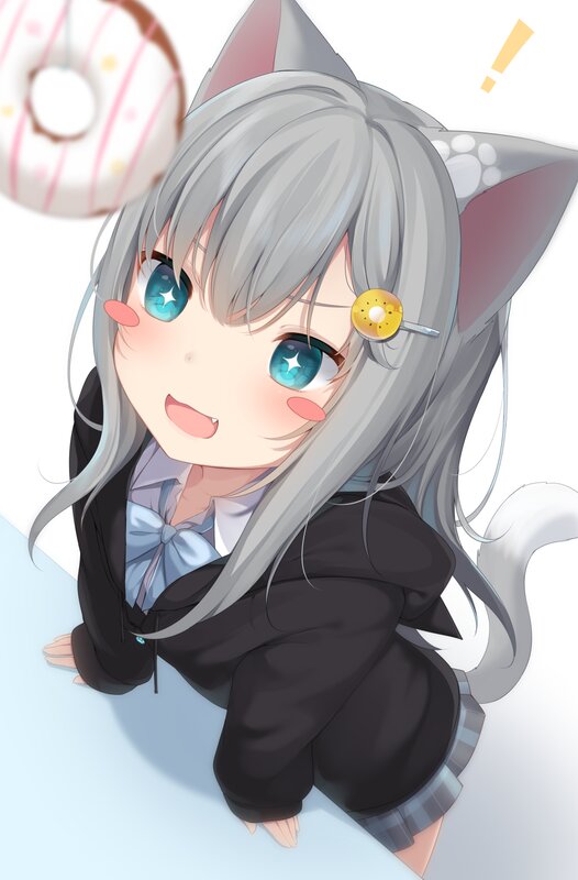 Anime Girl with Cat Ears — Gray, Playful, Digital Art, Donut