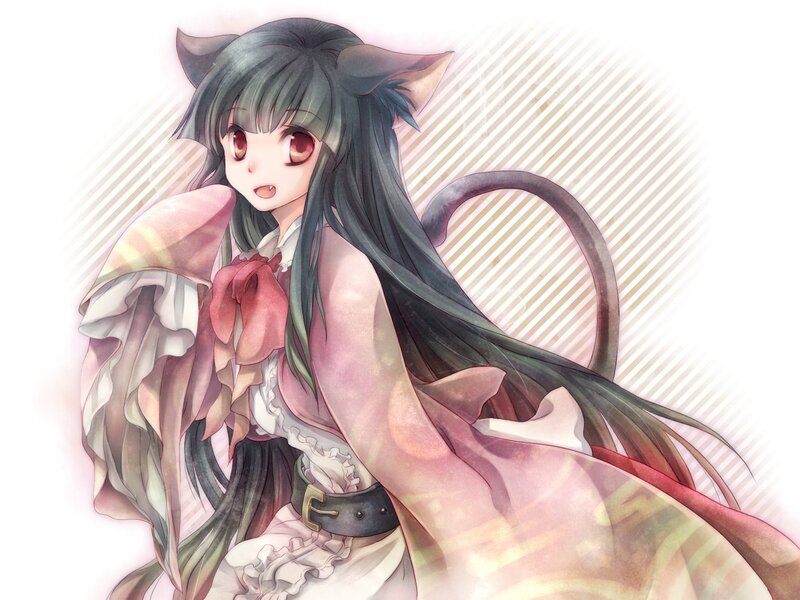 Anime Girl with Cat Ears — Green, Playful, Cat Ears, Tail, Pink Dress